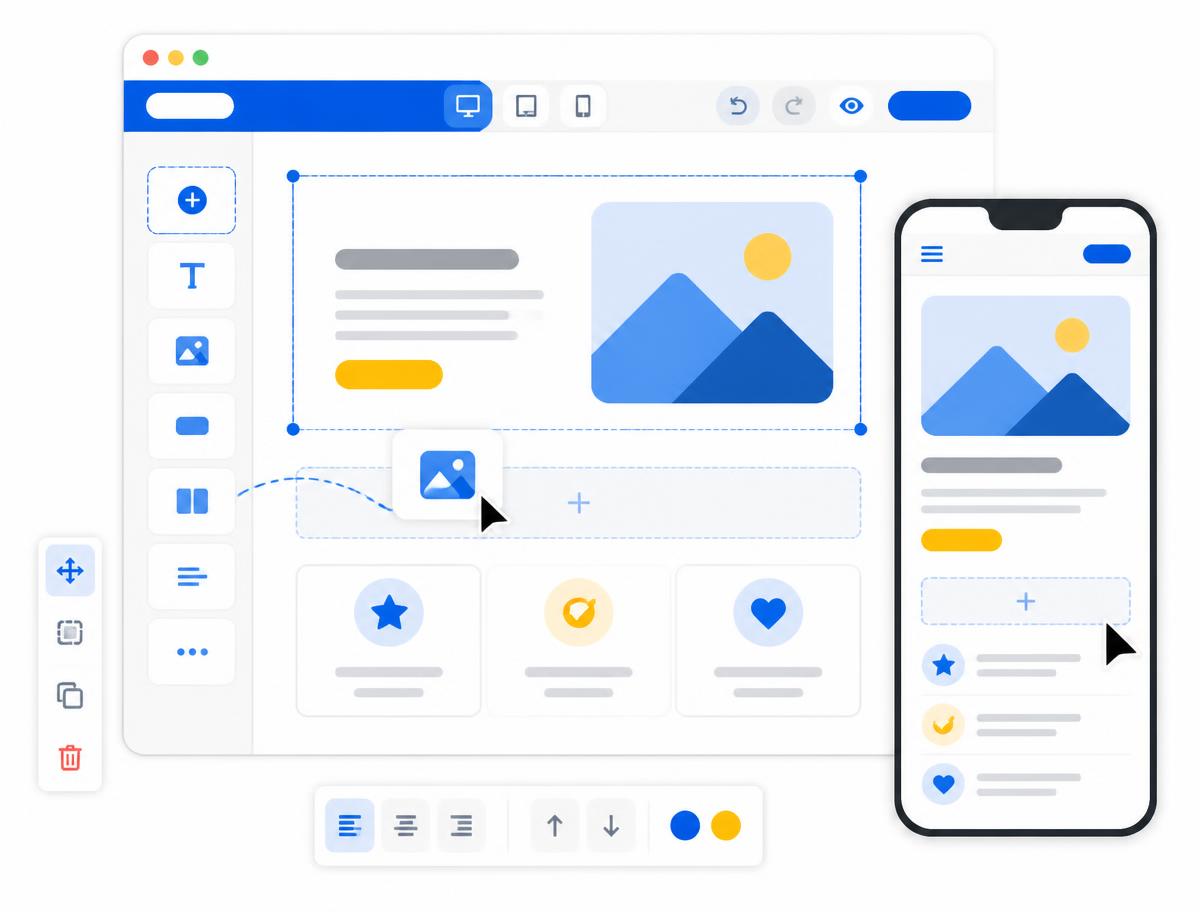 Illustration of a website editor with drag-and-drop blocks and a mobile preview